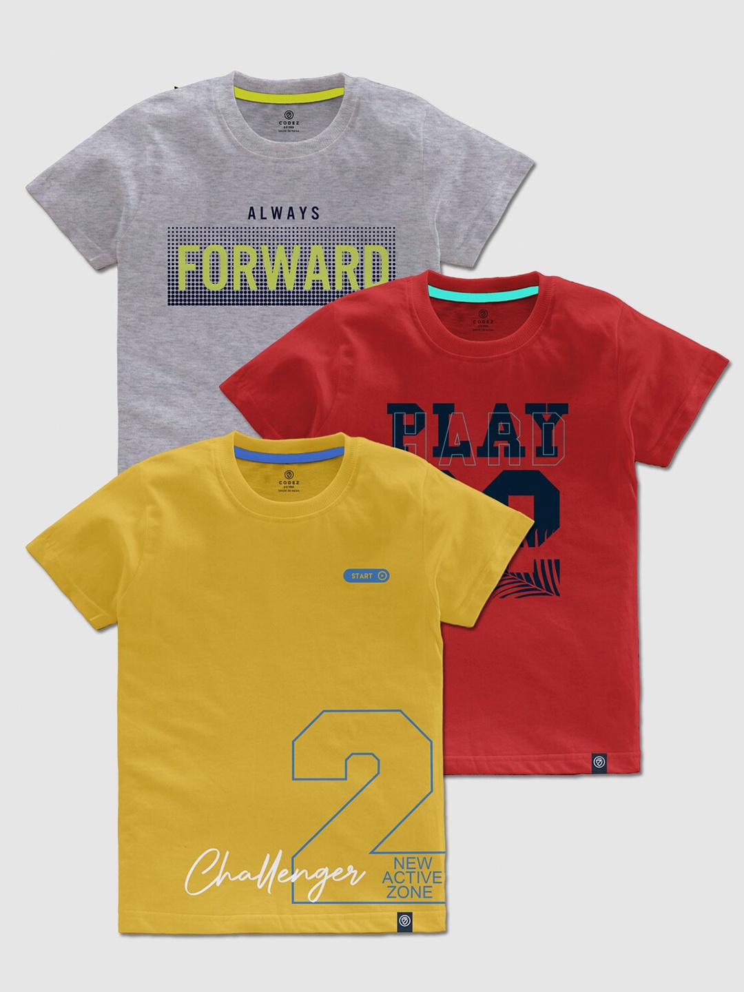 

CODEZ Boys Pack Of 3 Typography Printed Cotton T-shirts, Mustard