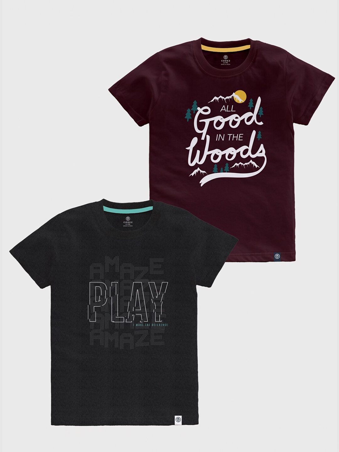 CODEZ Boys Pack OF 2 Typography Printed Cotton T-shirt, Maroon