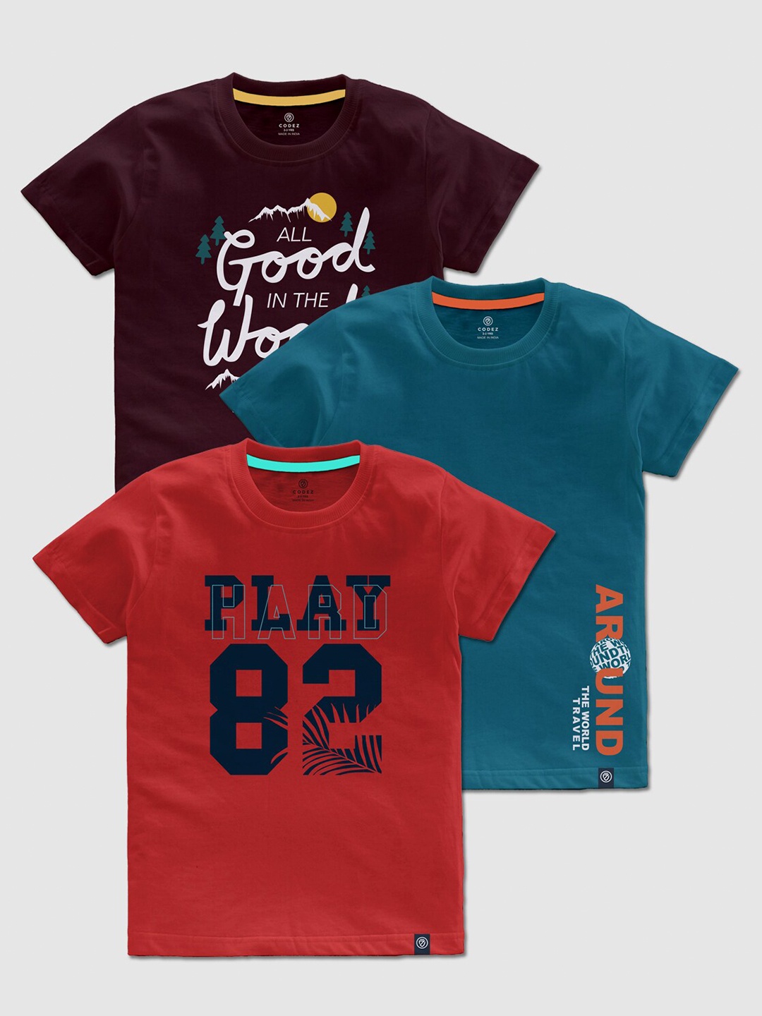 

CODEZ Boys Pack Of 3 Typography Printed Cotton T-shirts, Red