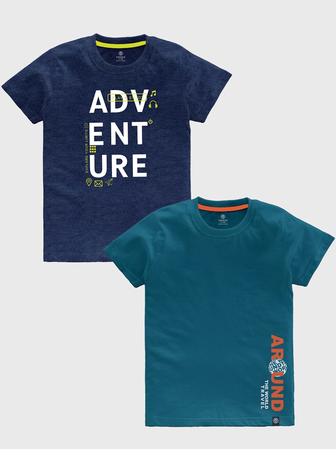 

CODEZ Boys Pack Of 2 Typography Printed Round Neck Cotton T-shirts, Navy blue