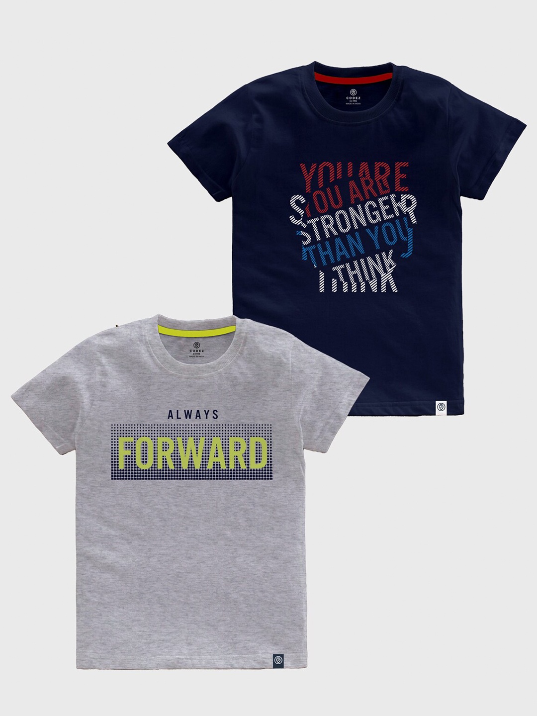 CODEZ Boys Pack Of 2 Typography Printed Round Neck Cotton T-shirts, Navy blue