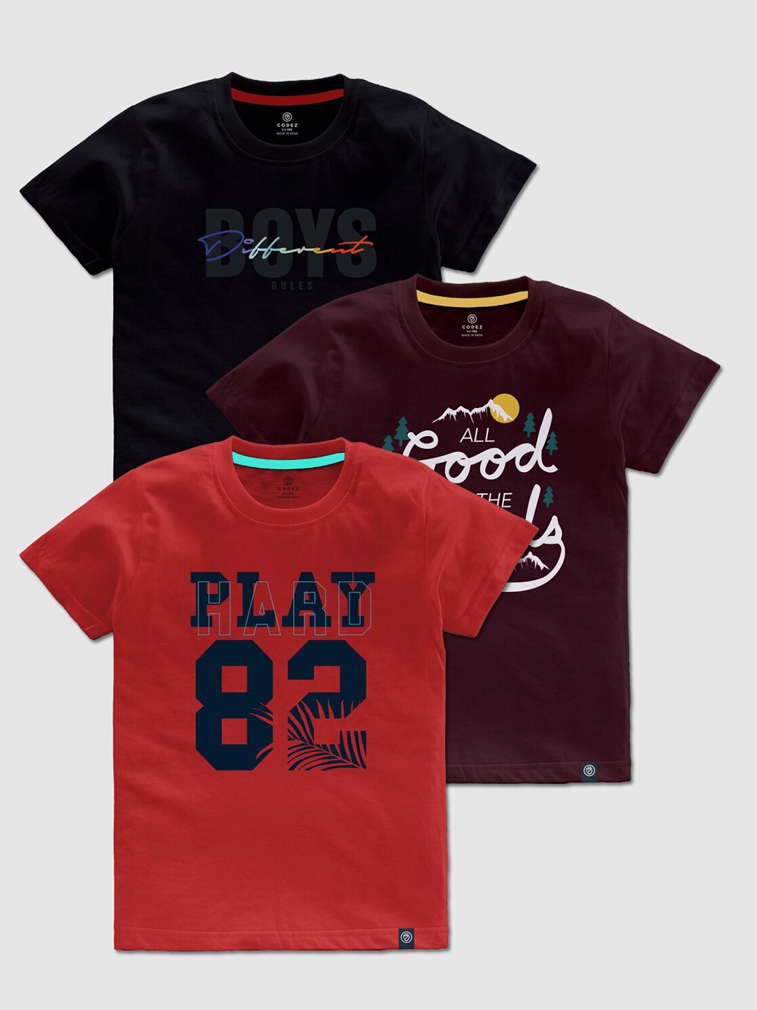 

CODEZ Boys Pack Of 3 Typography Printed Cotton T-shirts, Red