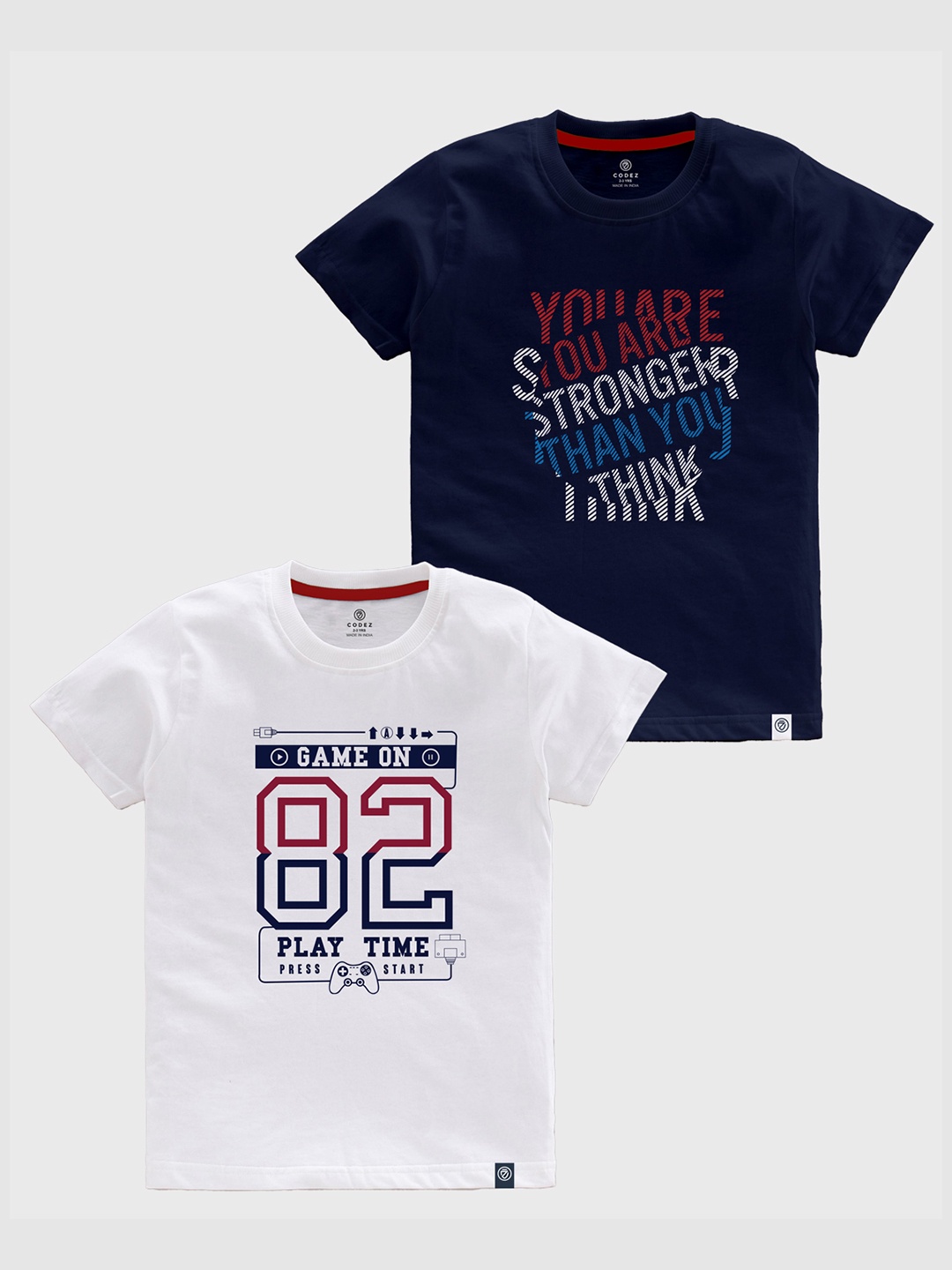 

CODEZ Boys Pack Of 2 Typography Printed Round Neck Cotton T-shirts, Navy blue