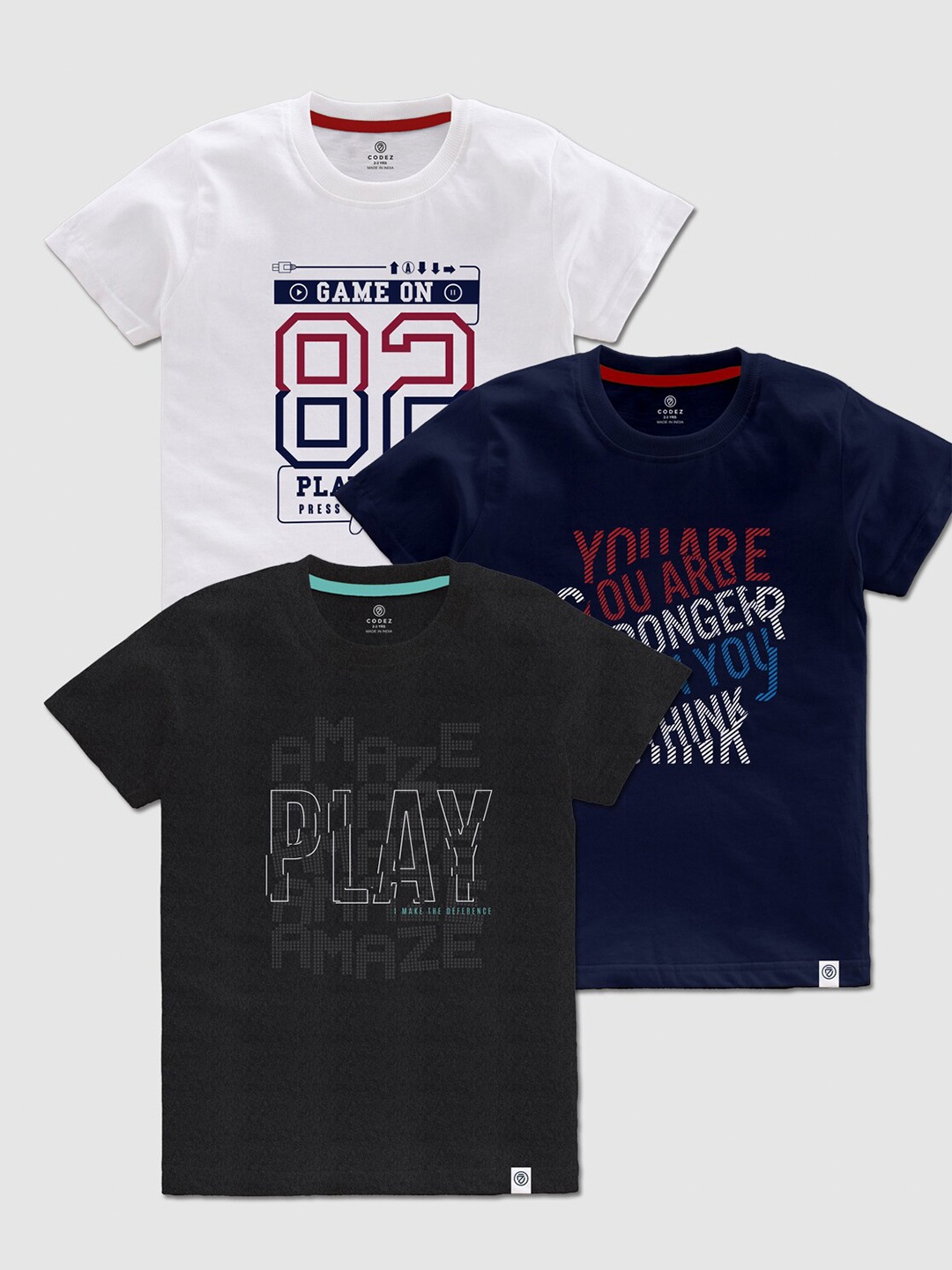 

CODEZ Boys Pack Of 3 Typography Printed Cotton T-shirts, Black