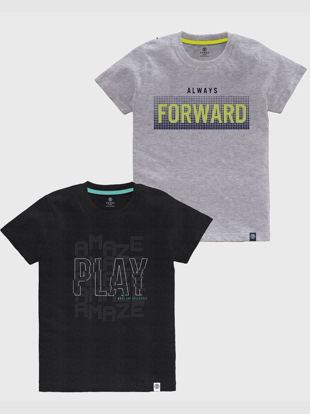 CODEZ Boys Pack Of 2 Typography Printed Round Neck Cotton T-shirts, Grey
