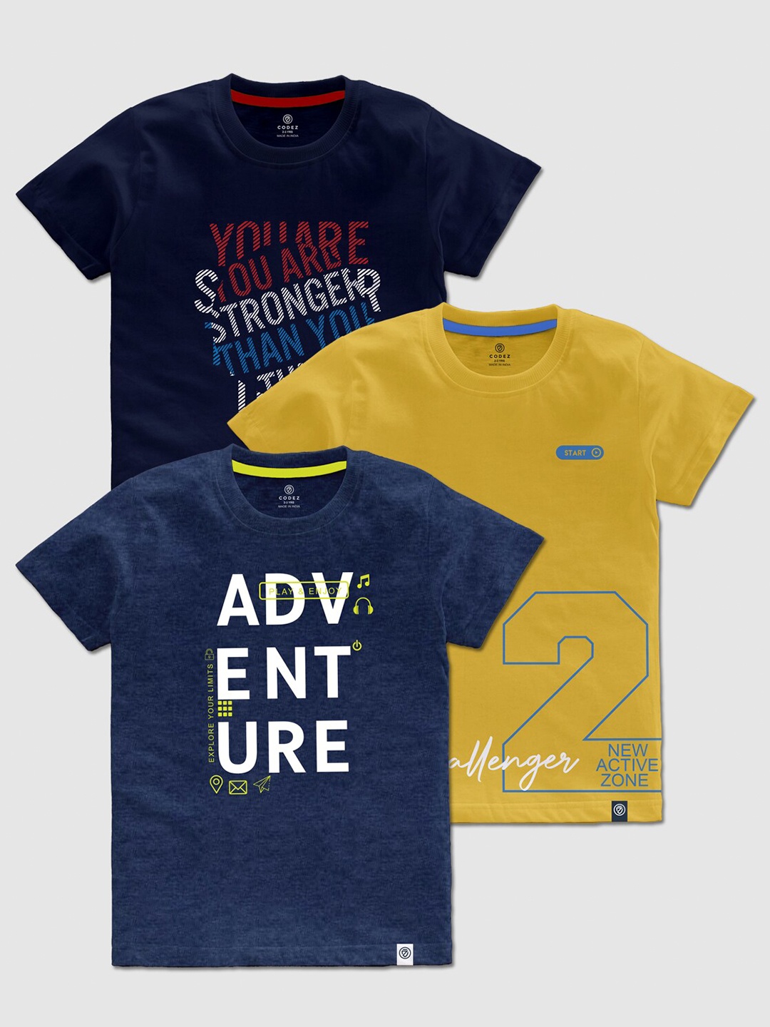 

CODEZ Boys Pack Of 3 Typography Printed Cotton T-shirts, Mustard