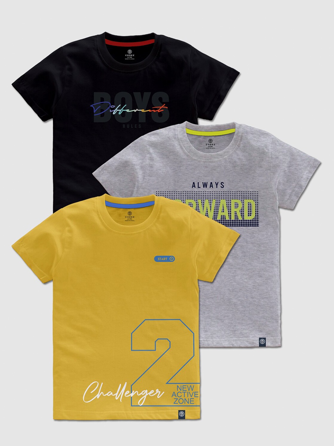 

CODEZ Boys Pack Of 3 Typography Printed Cotton T-shirts, Mustard