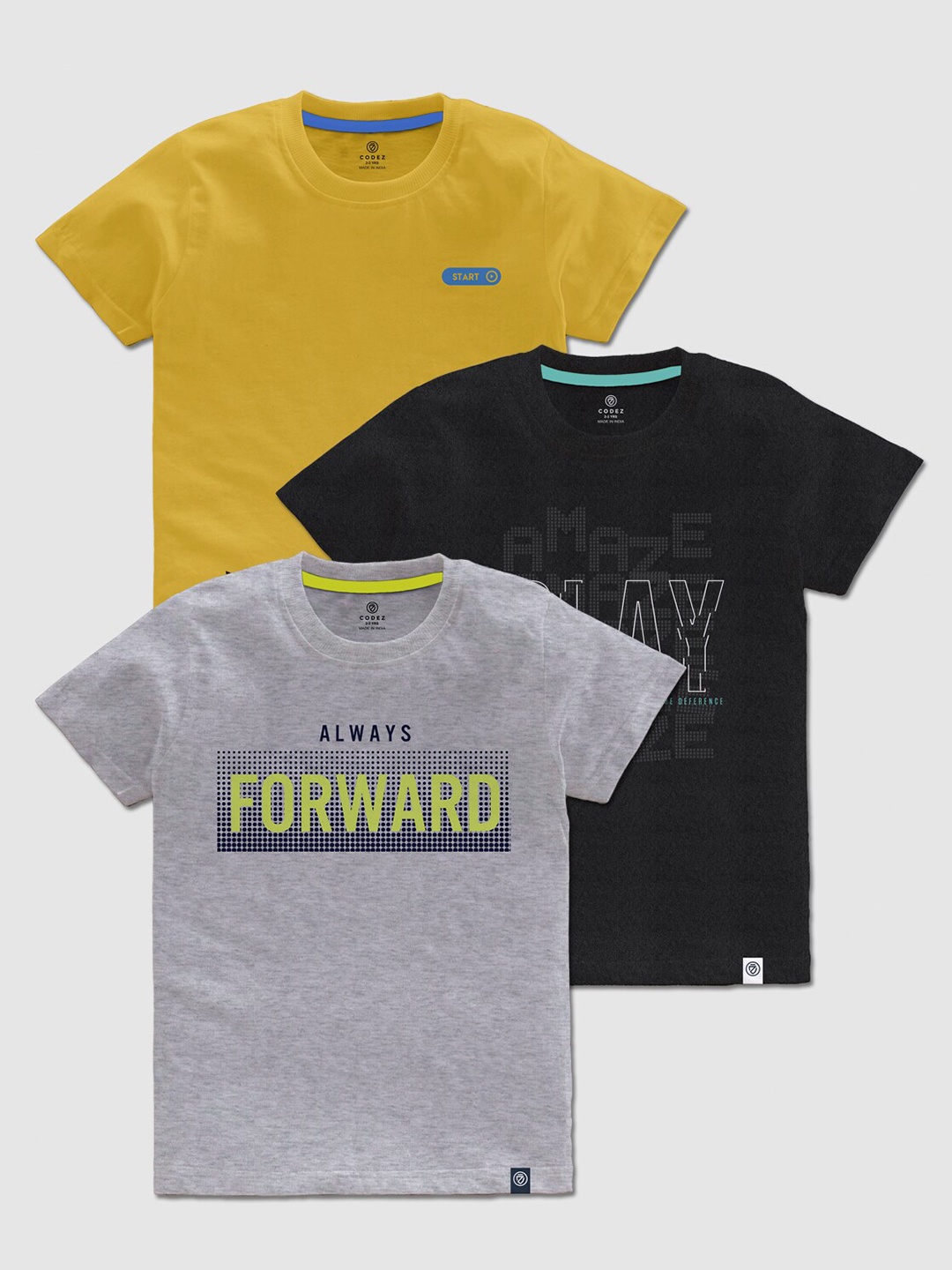 

CODEZ Boys Pack Of 3 Typography Printed Cotton T-shirts, Grey