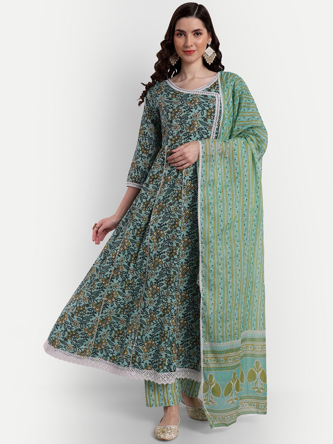 

SINGNI Floral Printed Anarkali Pure Cotton Kurta with Trousers & Dupatta, Green