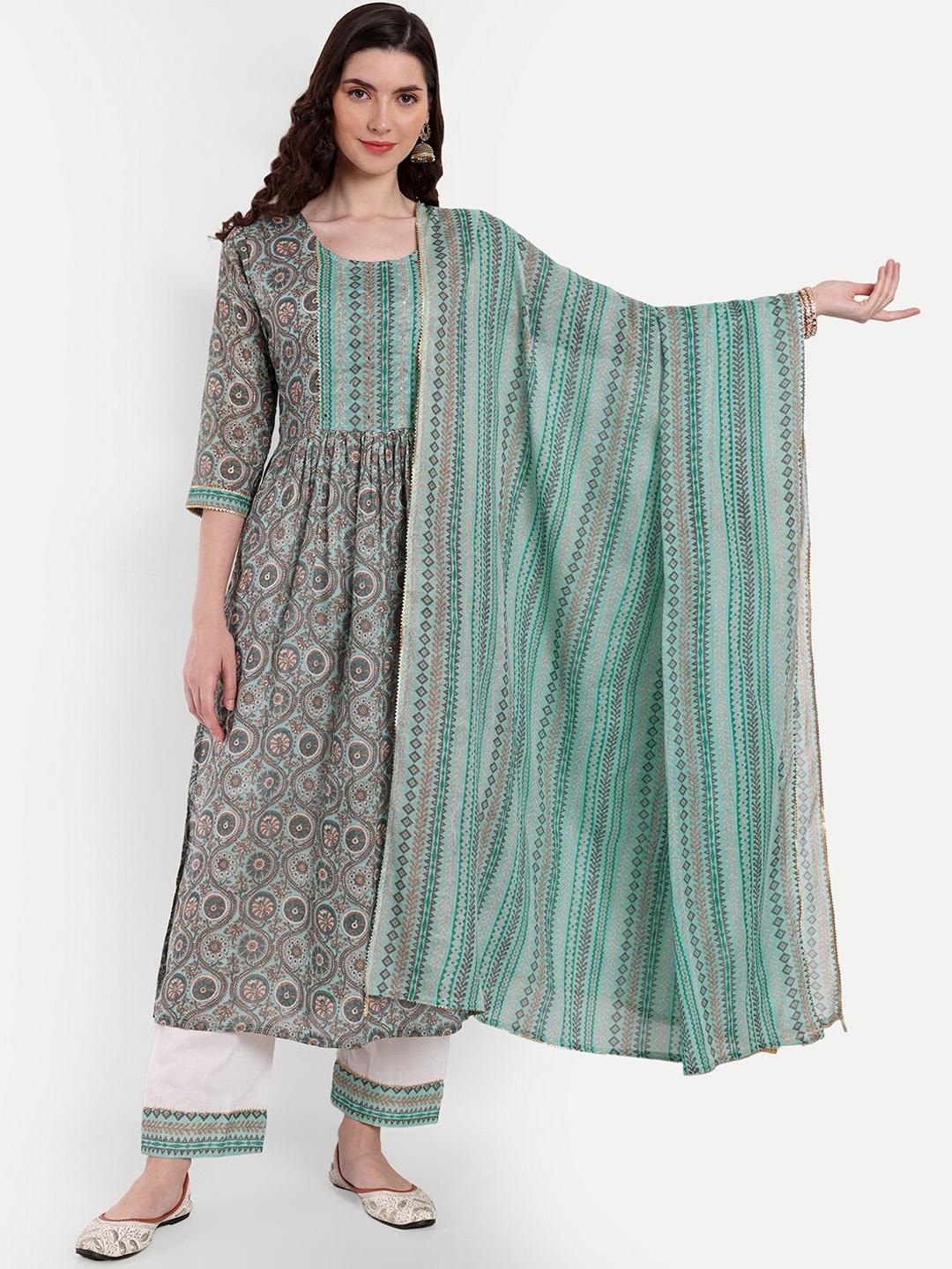 

SINGNI Ethnic Motifs Printed Mirror Work Pure Cotton Kurta with Trousers & Dupatta, Green