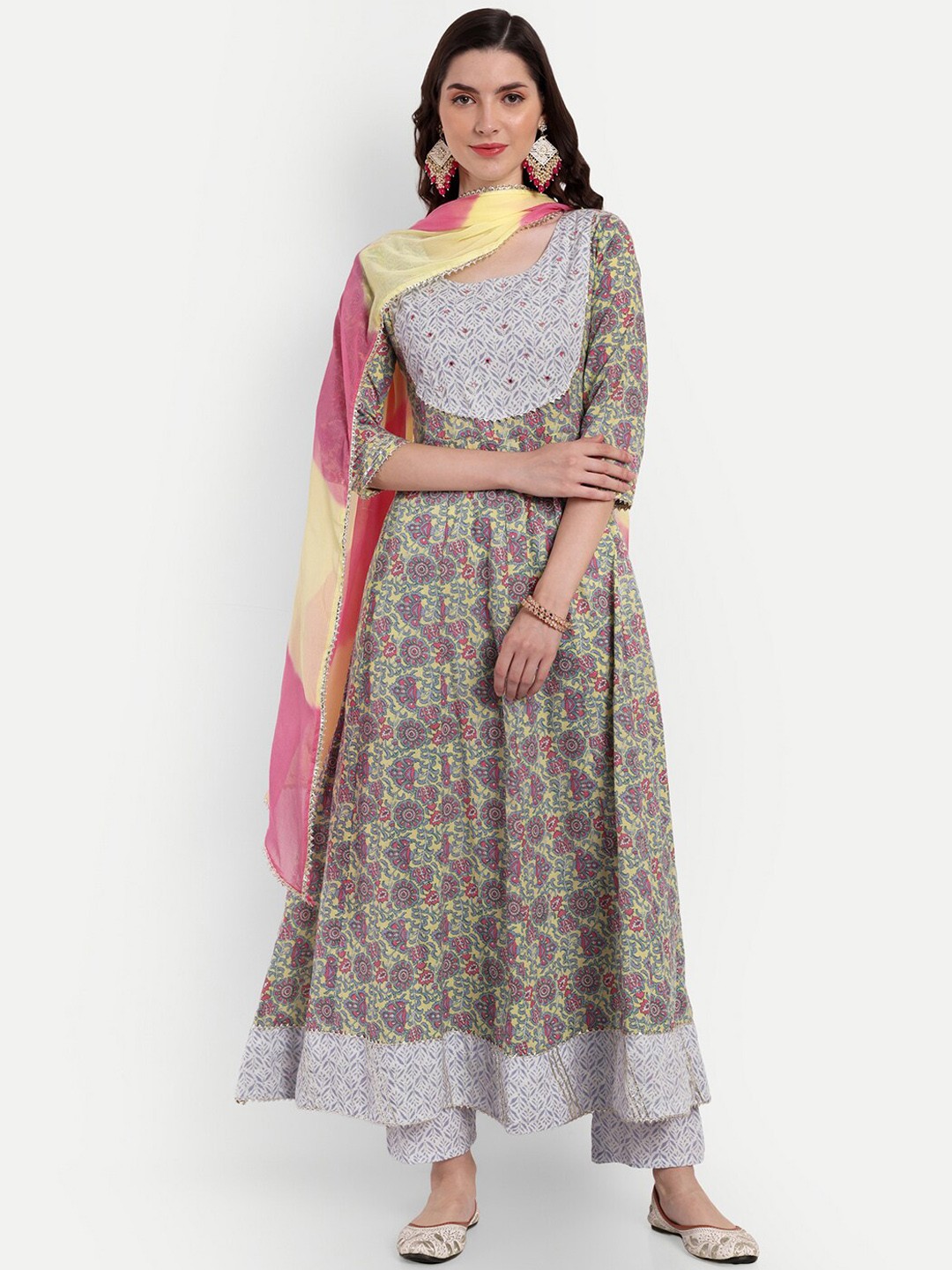 

SINGNI Ethnic Motifs Embroidered Pure Cotton Kurta with Trousers & Dupatta, Yellow