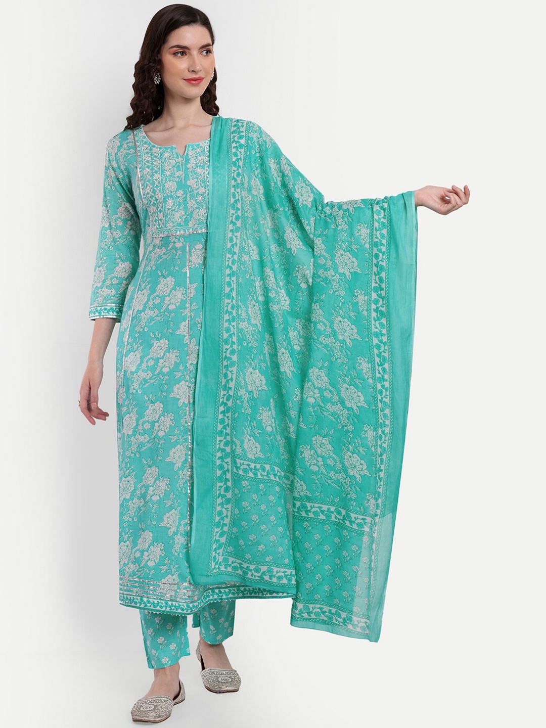 

SINGNI Floral Printed Thread Work Pure Cotton Kurta with Trousers & Dupatta, Blue
