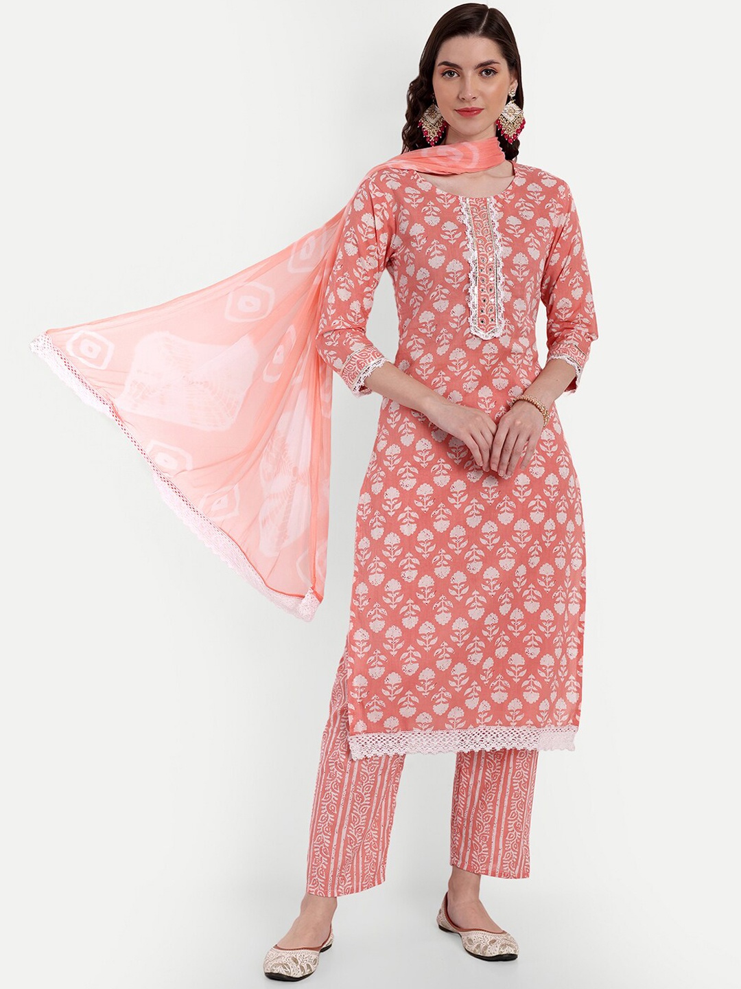 

SINGNI Floral Printed Mirror Work Pure Cotton Kurta with Trousers & Dupatta, Peach