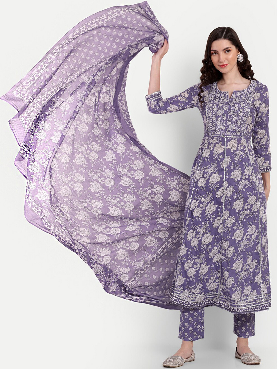 

SINGNI Floral Printed Thread Work Pure Cotton Kurta with Trousers & Dupatta, Purple