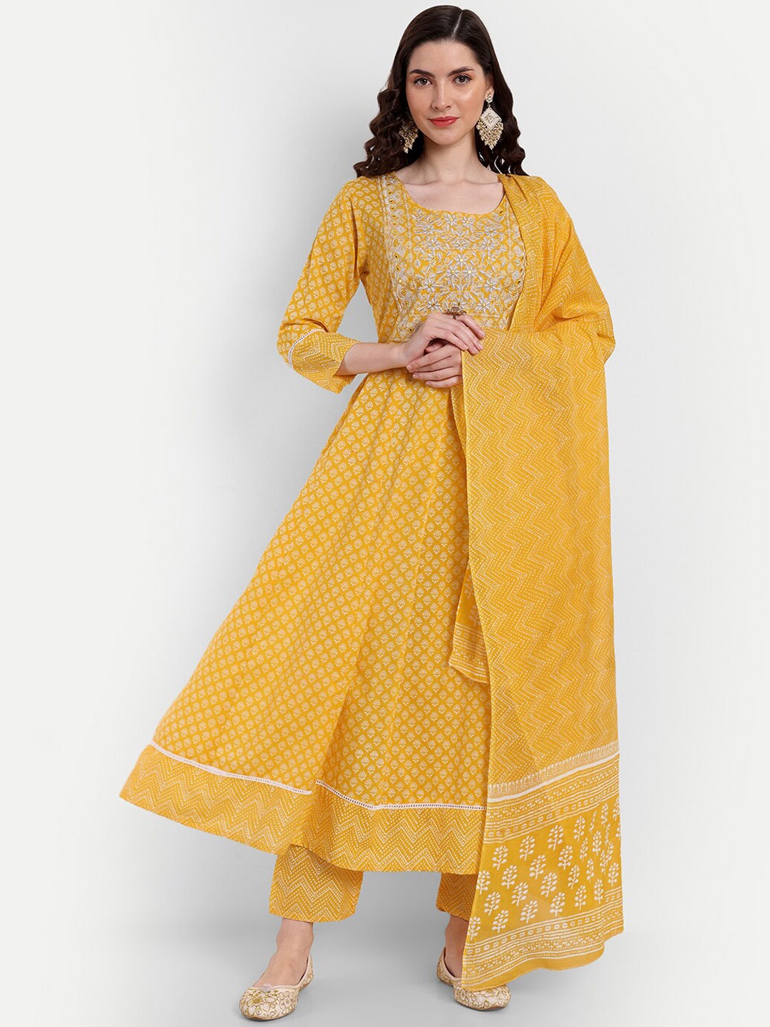 

SINGNI Embroidered Mirror Work Pure Cotton Anarkali Kurta With Trousers & Dupatta, Yellow