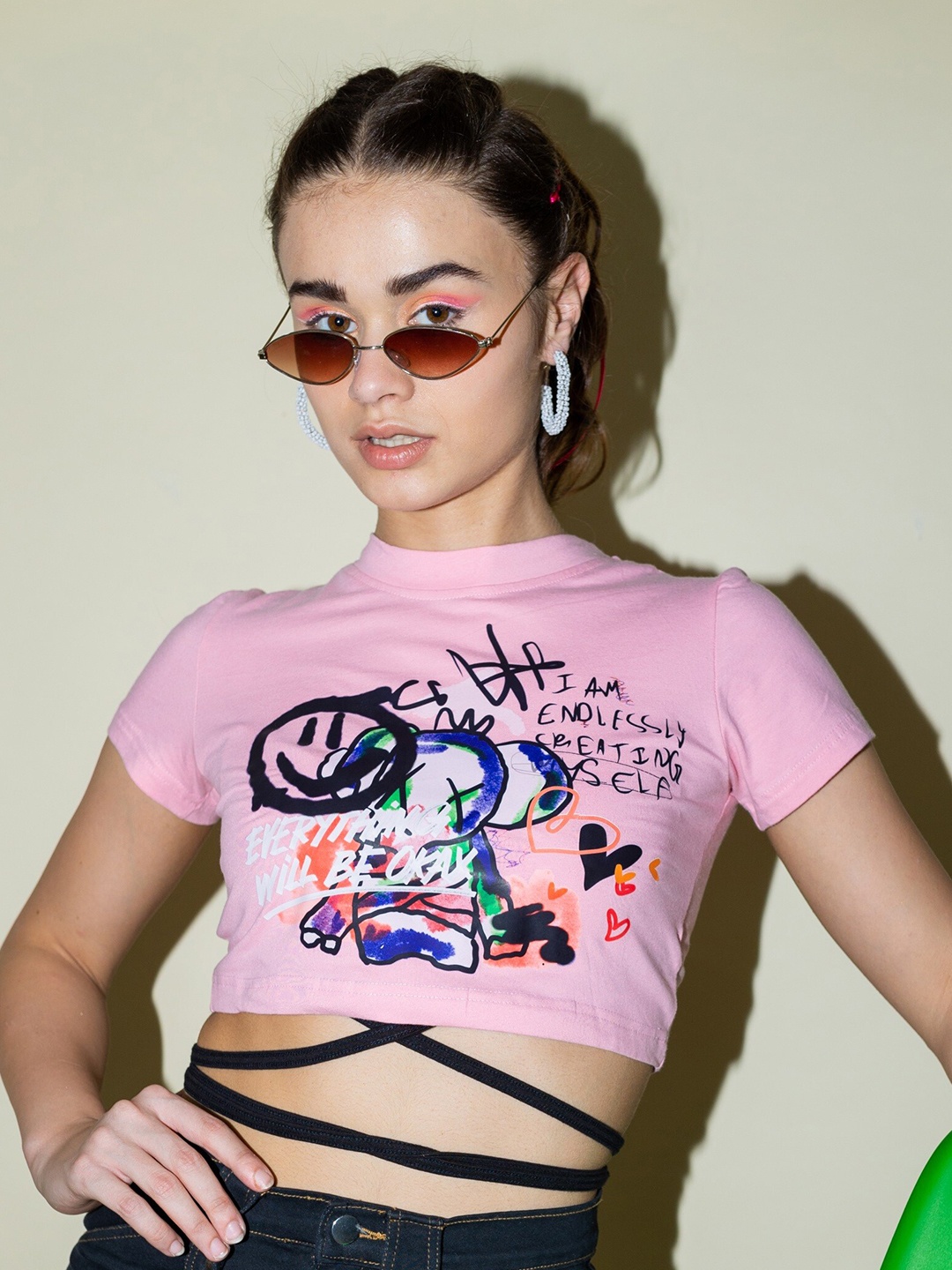 

Stylecast X Hersheinbox Pink Graphic Printed Tie Up Pure Cotton Top