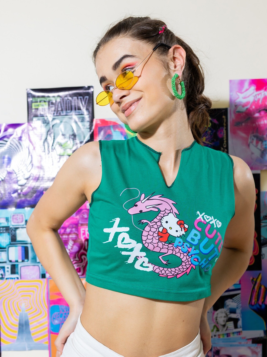 

Stylecast X Hersheinbox Green Graphic Printed Tie Up Pure Cotton Top