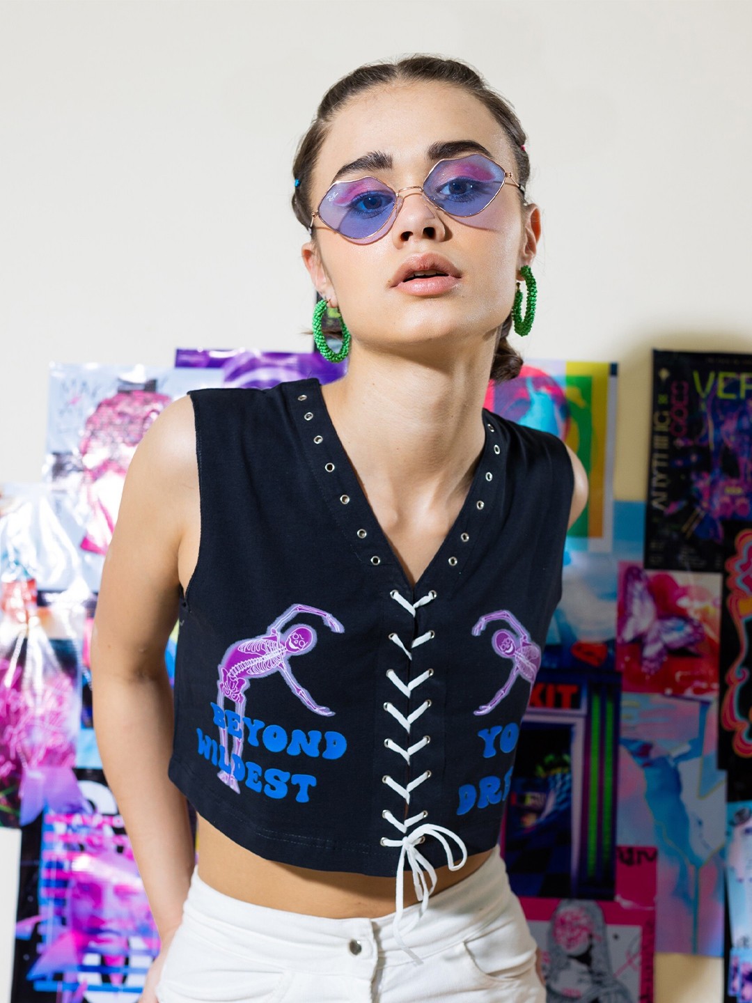 

Stylecast X Hersheinbox Black Graphic Printed Tie Up Pure Cotton Crop Top