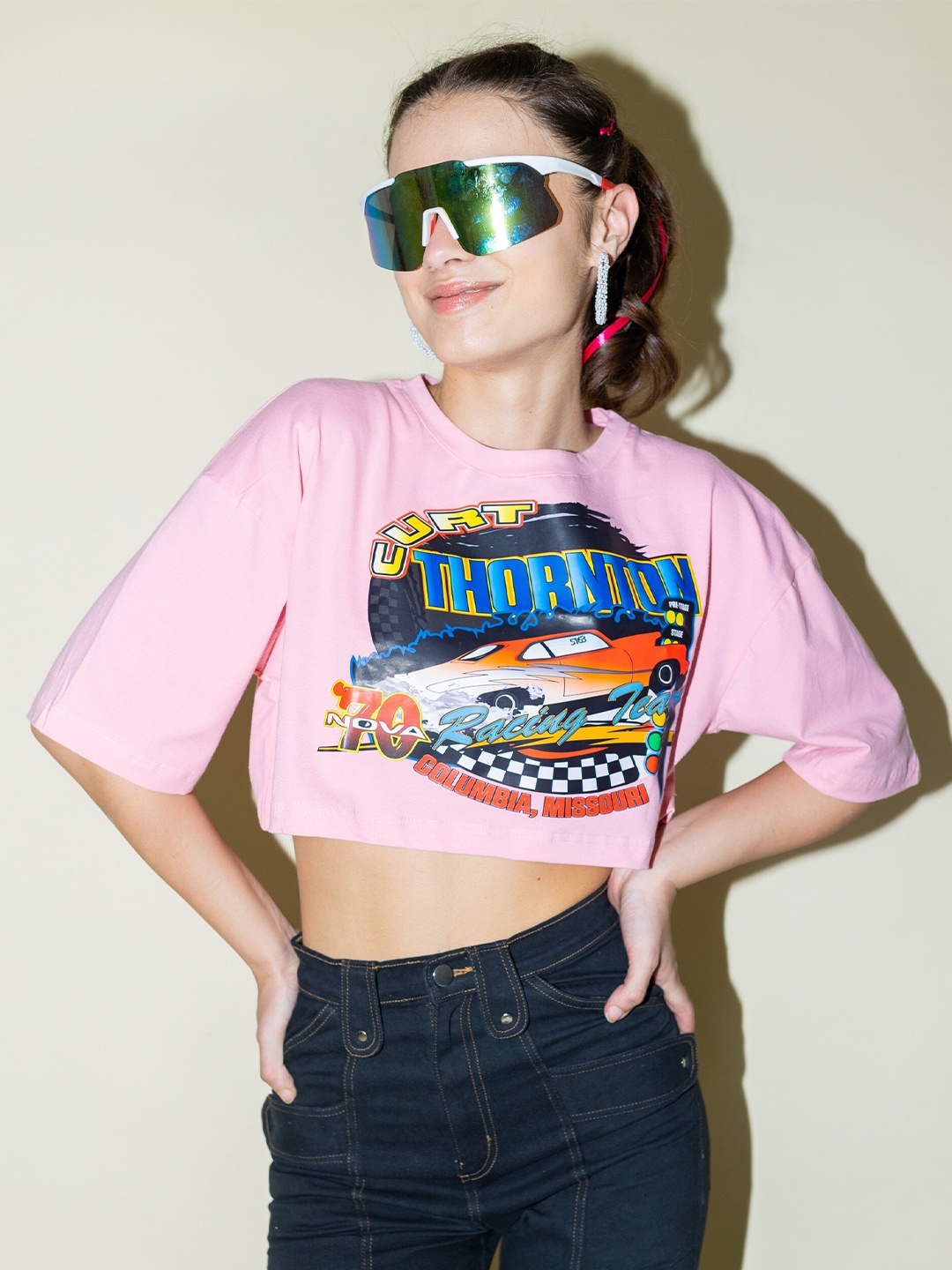 

Stylecast X Hersheinbox Pink Graphic Printed Drop Shoulder Sleeves Cotton Boxy Crop Top