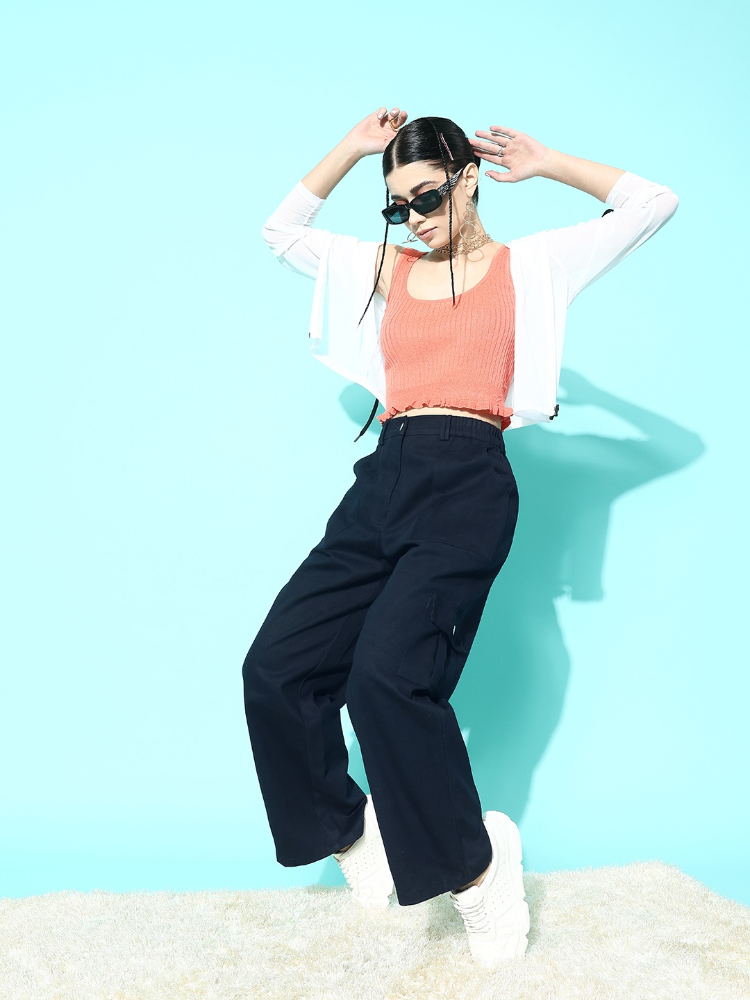

Berrylush Women Relaxed Straight Leg High-Rise Cotton Cargos Trousers, Navy blue