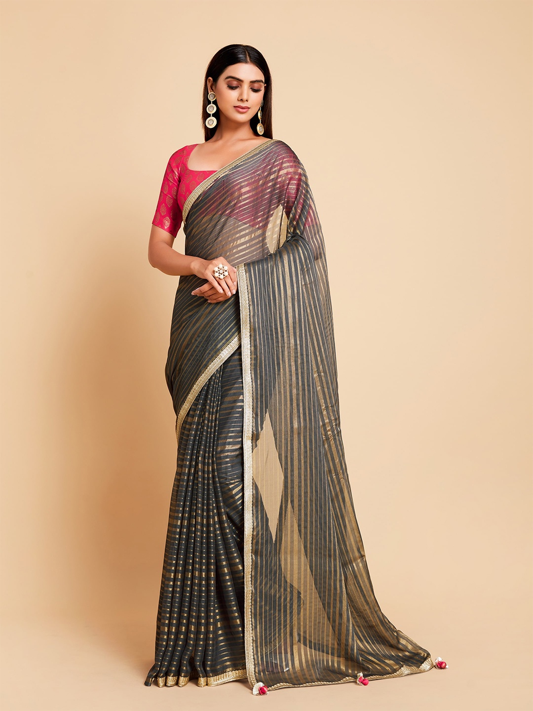

Ishin Grey & Gold-Toned Striped Pure Silk Saree