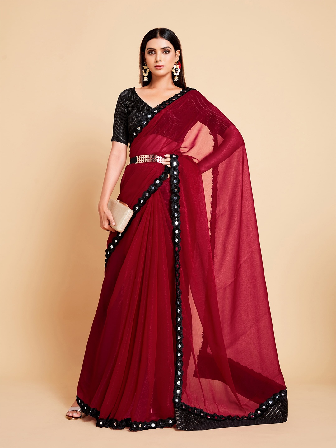 

Ishin Red & Black Mirror Worked Saree