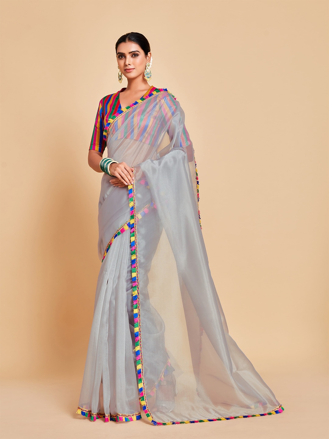 

Ishin Grey & Red Embellished Organza Saree