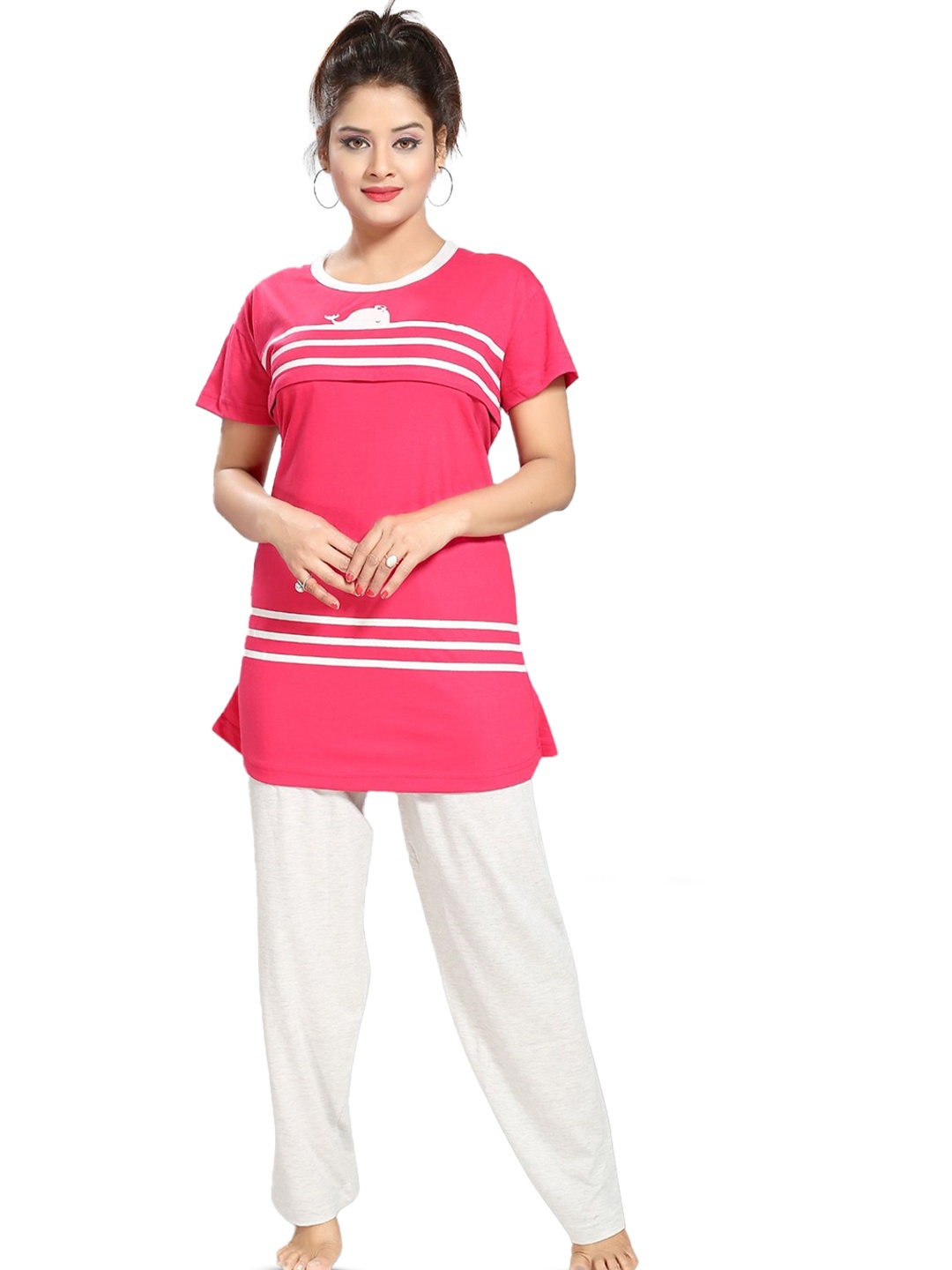 

Fabme Striped Pure Cotton Maternity Night Suit, Pink