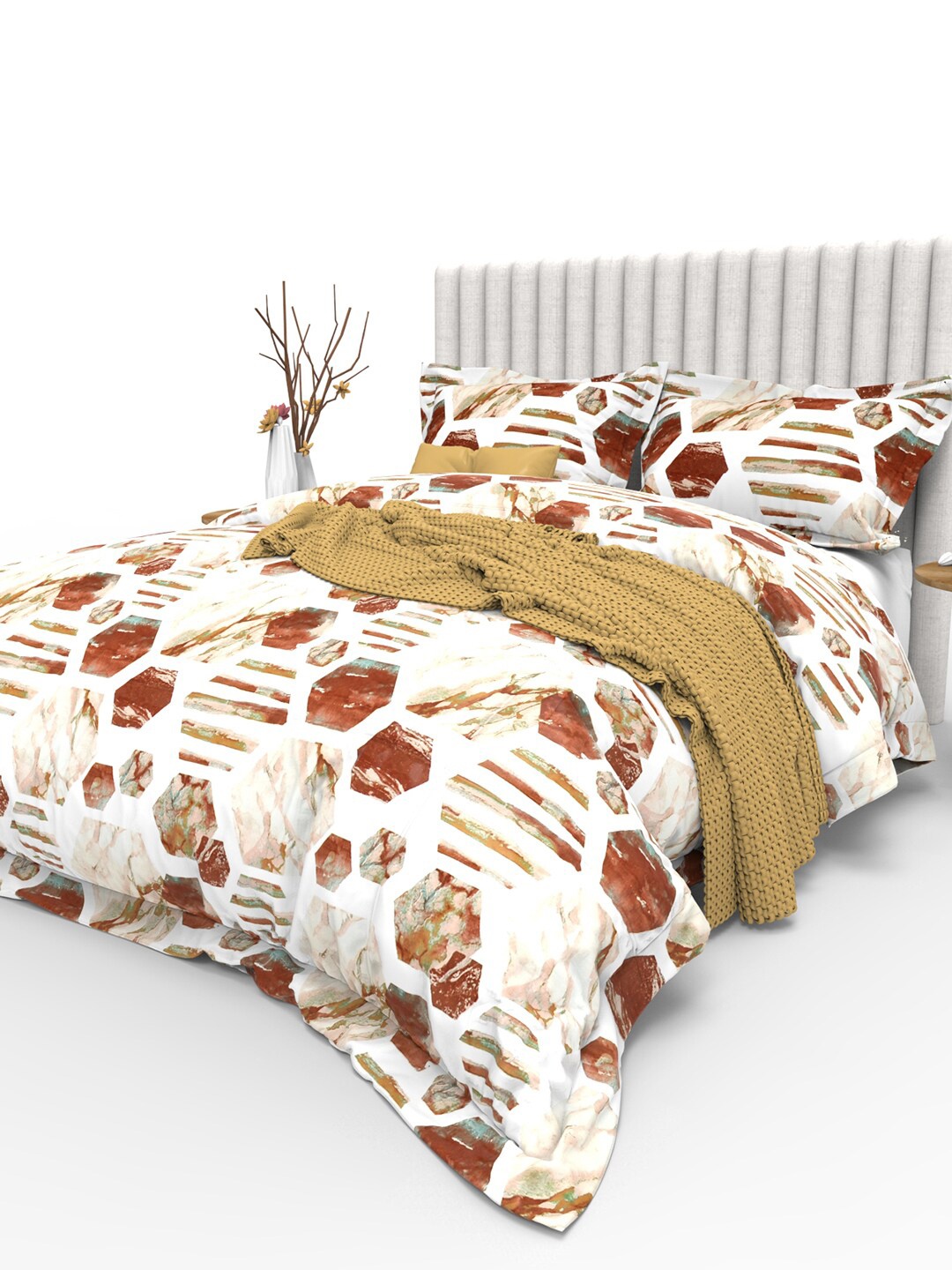 

THE WHITE MOSS White & Red Geometric 350 TC Pure Cotton King Bedsheet with 2 Pillow Covers