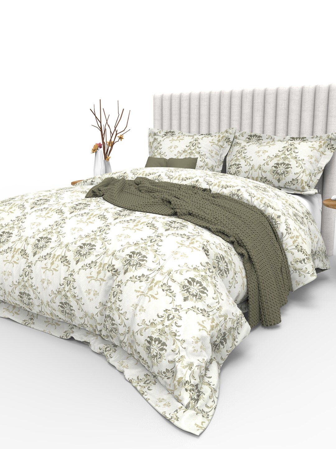 

THE WHITE MOSS White & Green Ethnic Motif 350 TC Cotton King Bedsheet with 2 Pillow Covers