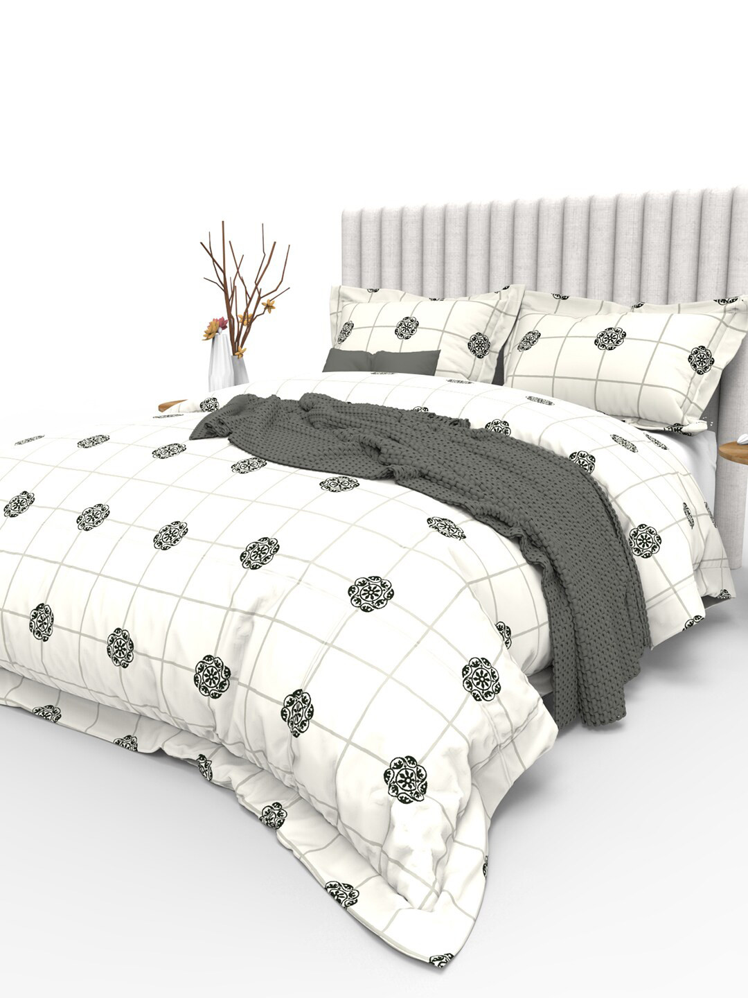 

THE WHITE MOSS White & Grey Ethnic Motifs 350 TC Cotton King Bedsheet with 2 Pillow Covers