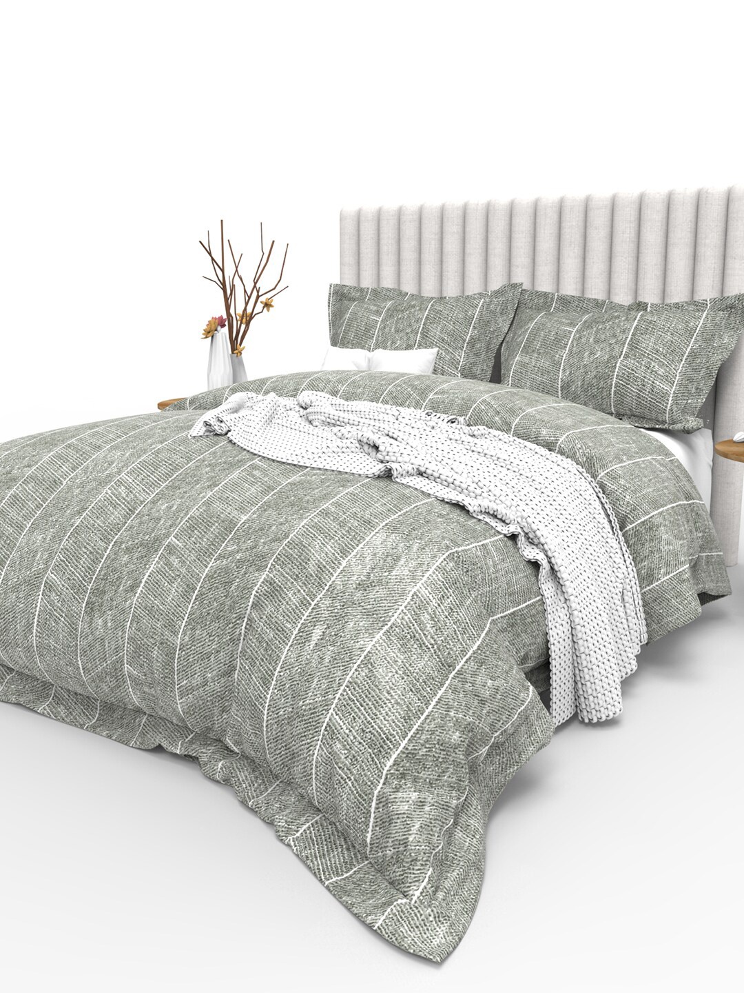 

THE WHITE MOSS Grey Striped 350 TC Pure Cotton King Bedsheet with 2 Pillow Covers