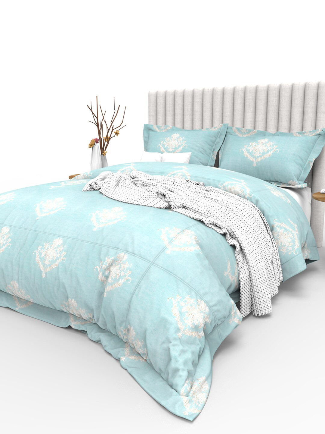 

THE WHITE MOSS Cynthia Blue & White 350 TC Pure Cotton King Bedsheet with 2 Pillow Covers