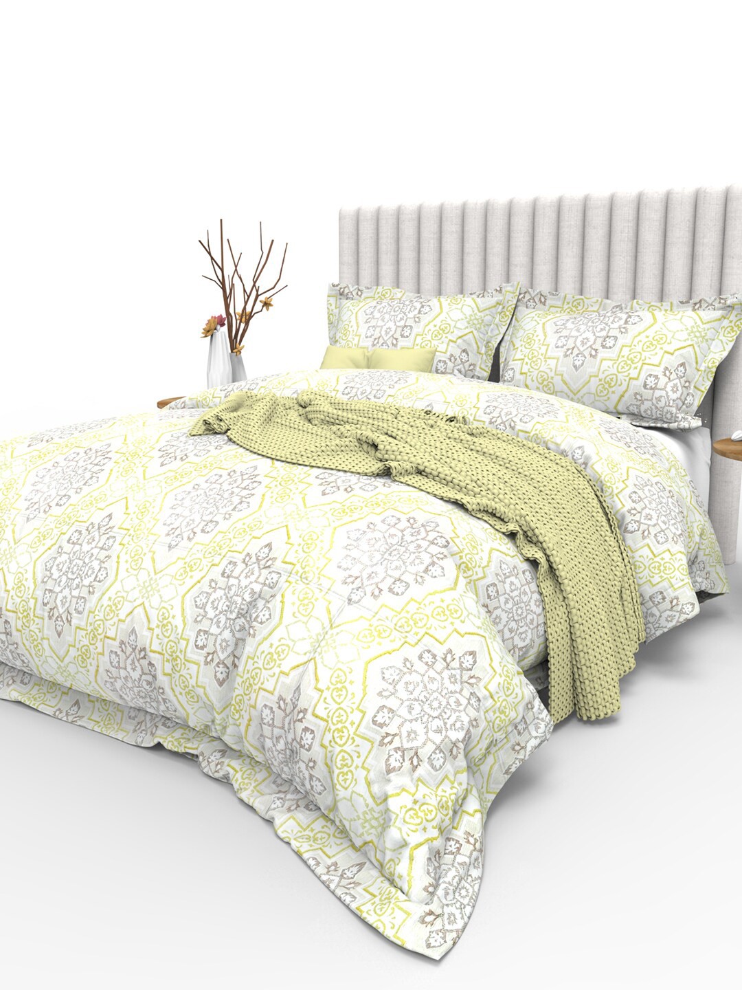 

THE WHITE MOSS Yellow & Grey Ethnic Motifs 350TC Cotton King Bedsheet with 2 Pillow Covers