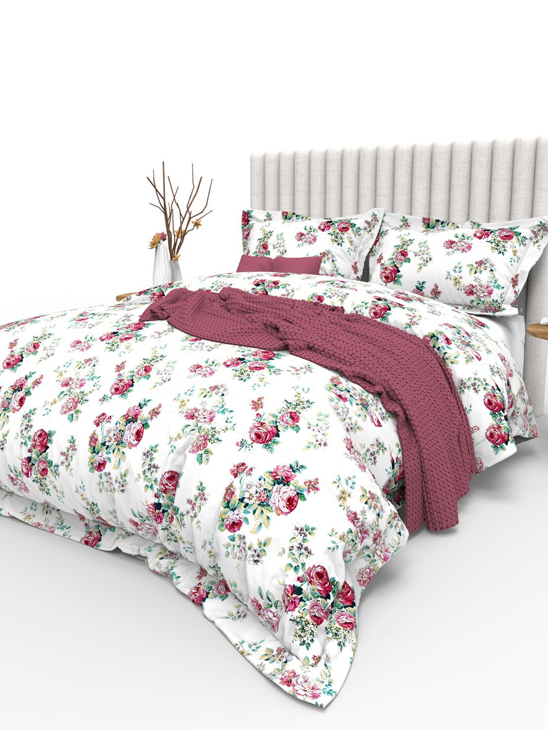 

THE WHITE MOSS White & Maroon Floral 350 TC Pure Cotton King Bedsheet with 2 Pillow Covers