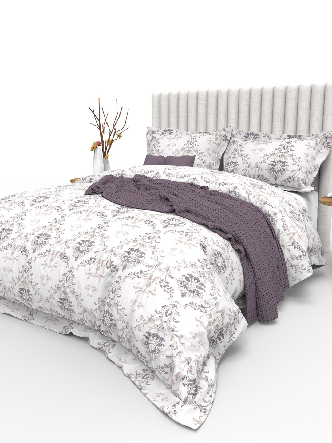 

THE WHITE MOSS Cynthia White & Purple 350 TC Cotton King Bedsheet with 2 Pillow Covers