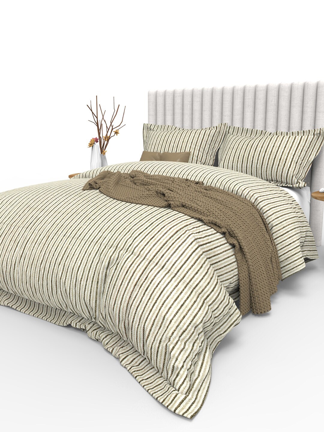 

THE WHITE MOSS Brown & White Striped 350 TC Pure Cotton King Bedsheet with 2 Pillow Covers