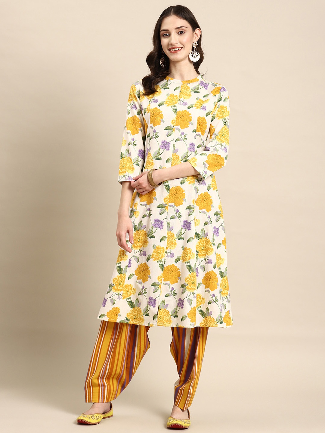 

anayna Women Floral Printed Regular Kurta with Salwar, Off white