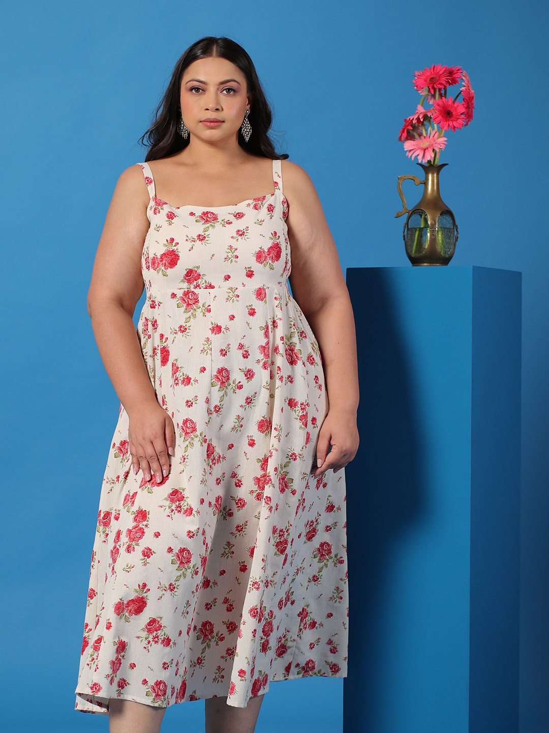 

anayna Floral Print A-Line Midi Dress, Beige