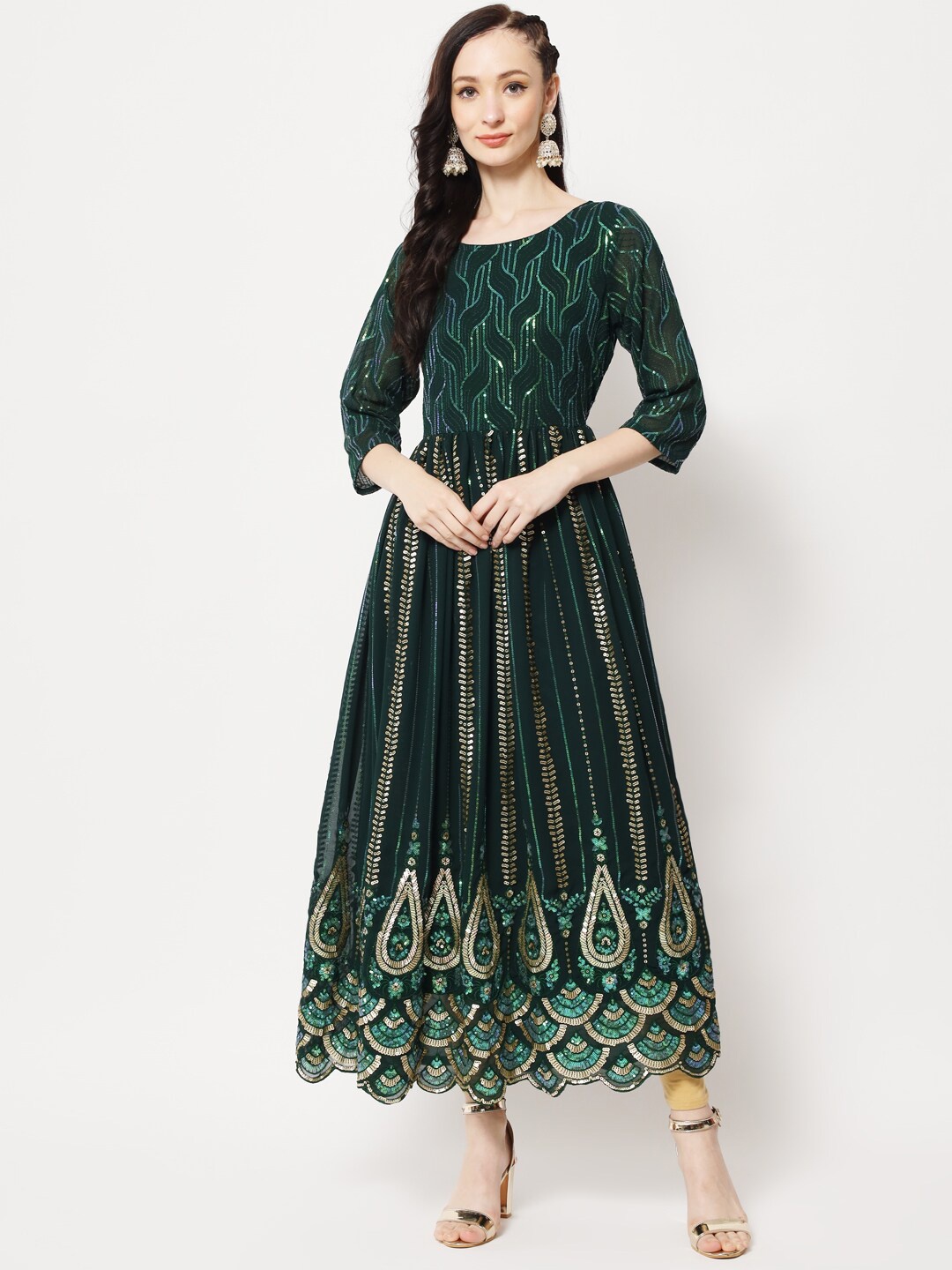 

Sitaram Designer Embroidered Fit & Flared Maxi Gown Dress, Green