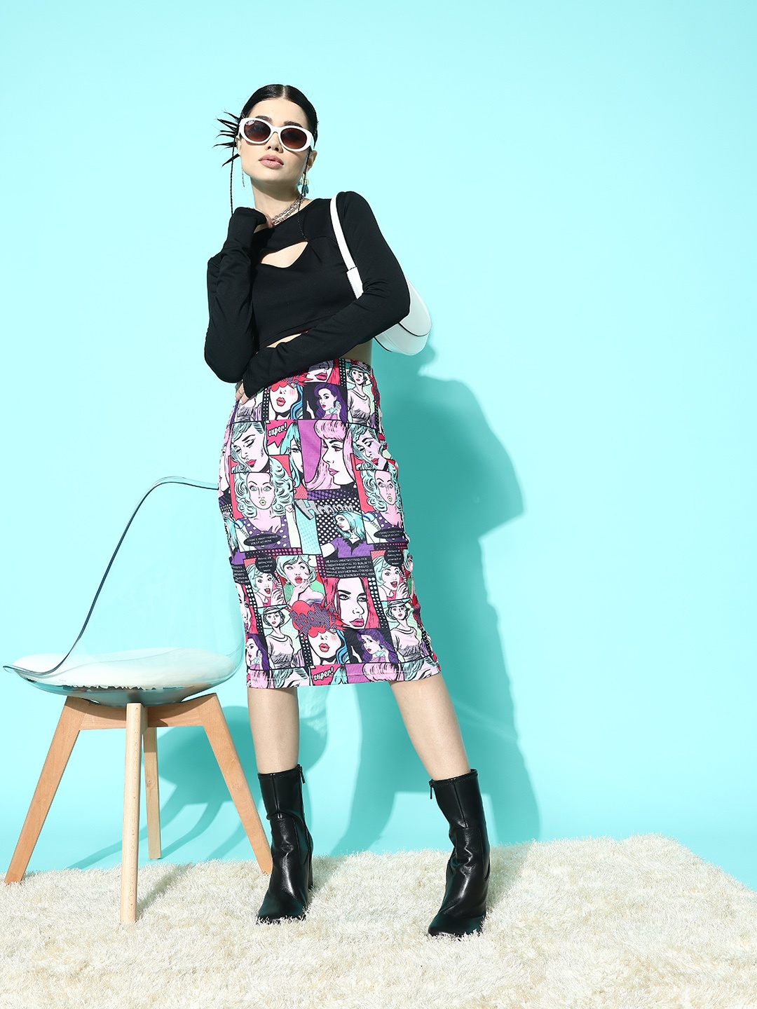 

Berrylush Women Graphic Printed High Rise Midi Pencil Skirt, Multi