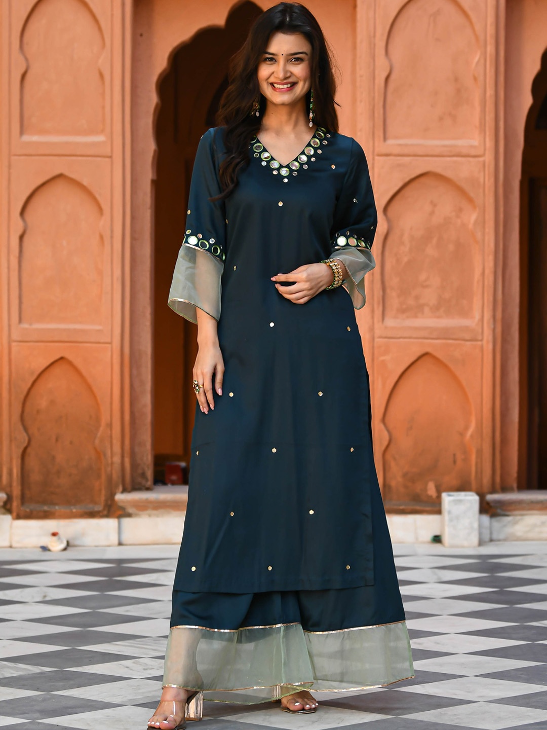 

Bunaai Mirror Work A-Line Kurta With Palazzos, Teal