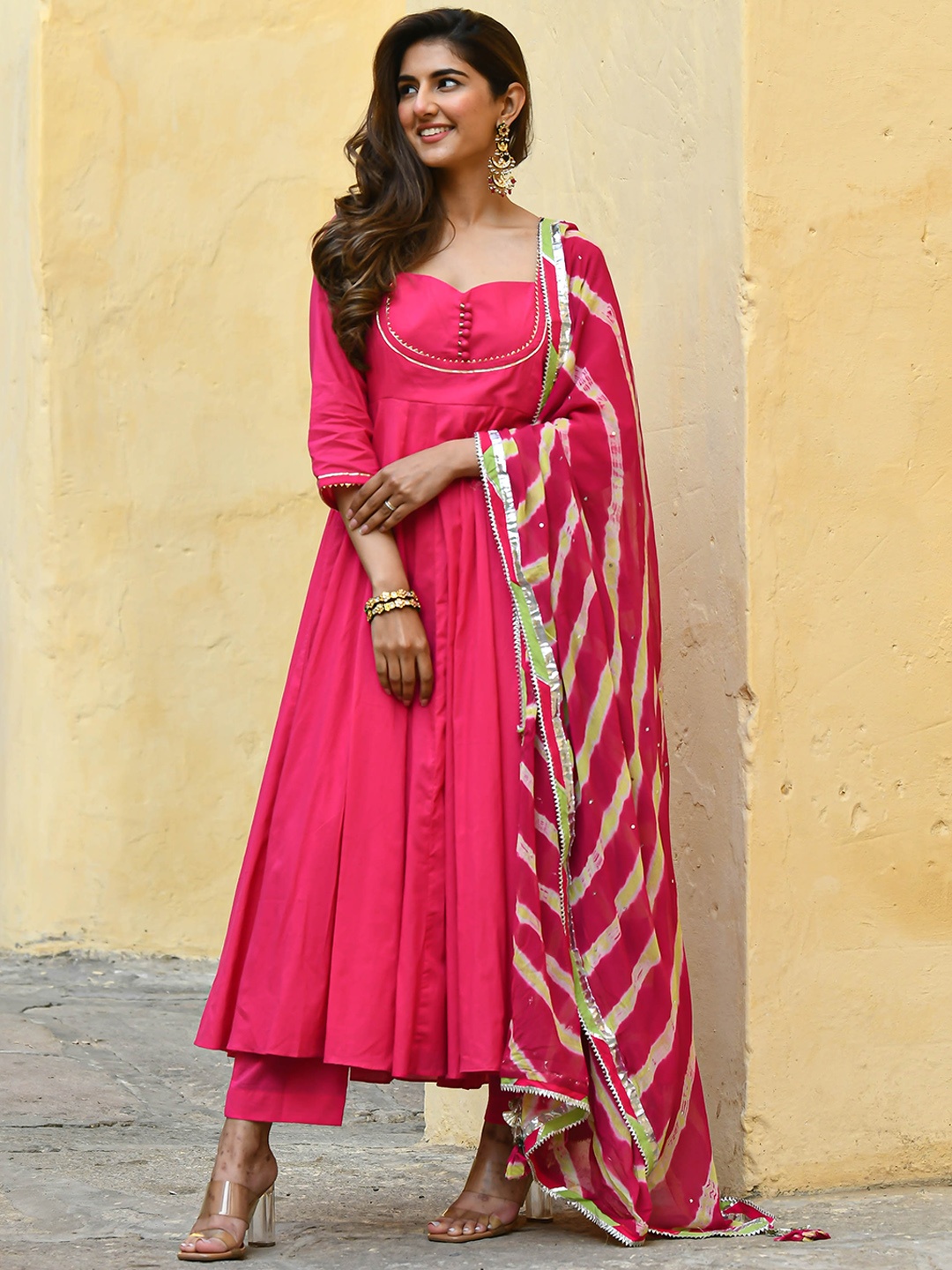 

Bunaai Yoke Design Empire Pure Cotton Kurta With Trousers & Dupatta, Pink