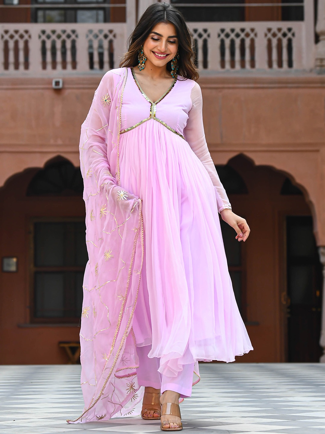 

Bunaai Empire Gotta Patti Kurta With Trousers & With Dupatta, Pink