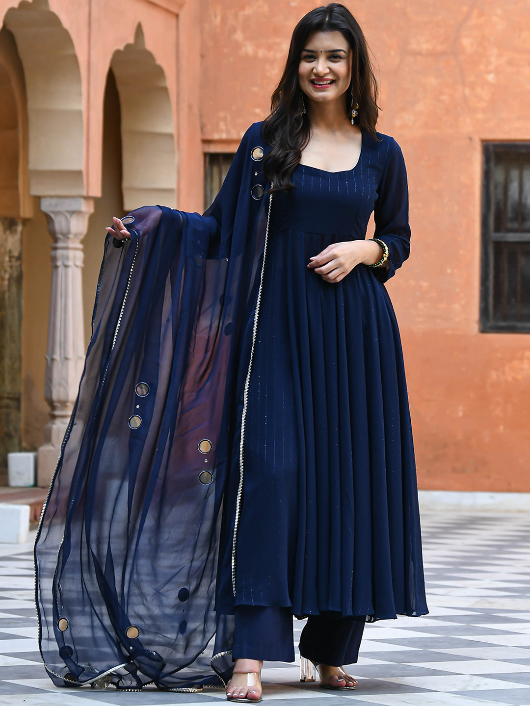 

Bunaai Striped Empire Sequinned Kurta With Trousers & Dupatta, Navy blue