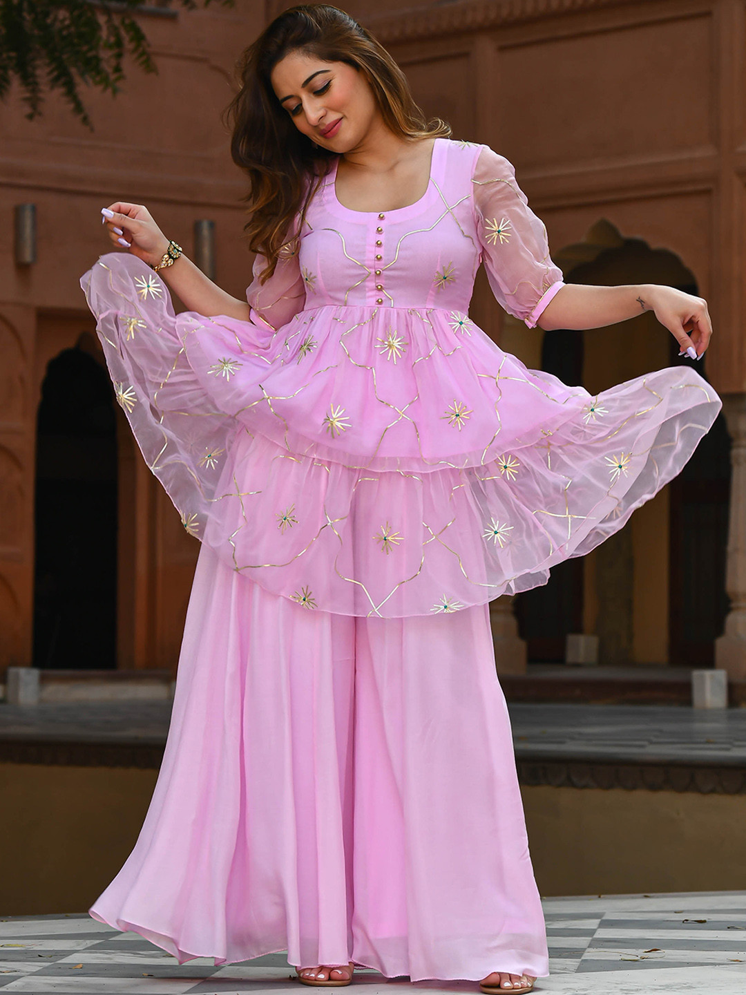 

Bunaai Ethnic Motifs Embroidered Empire Kurta With Palazzos, Pink