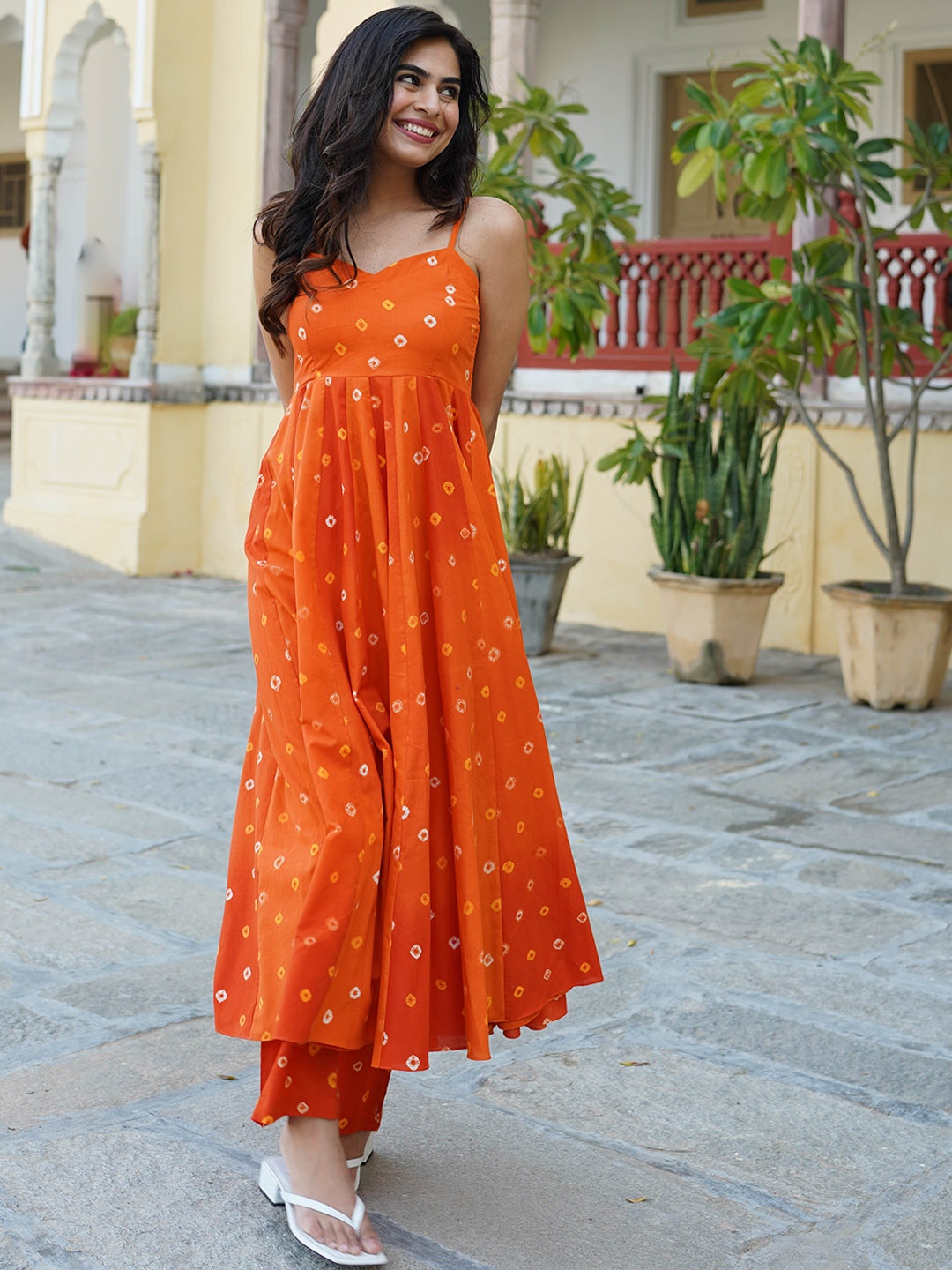 

Bunaai Bandhani Printed Anarkali Pure Cotton Kurta with Trousers, Orange