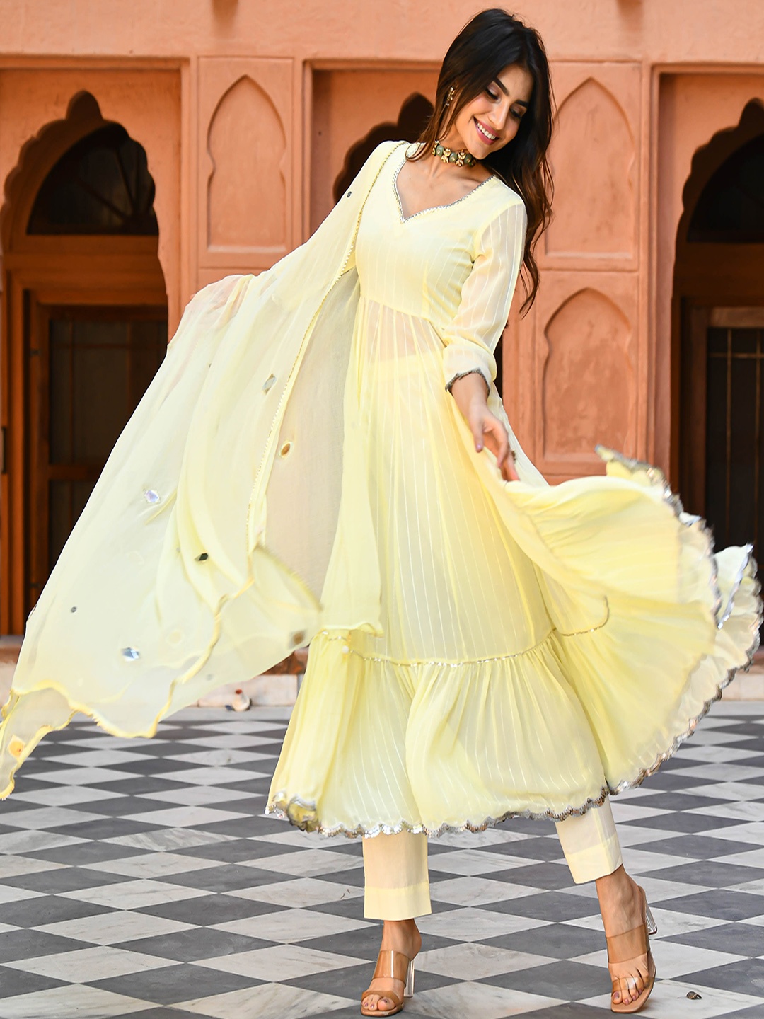 

Bunaai Semi Sheer Gotta Patti Anarkali Kurta with Trousers & Dupatta, Yellow