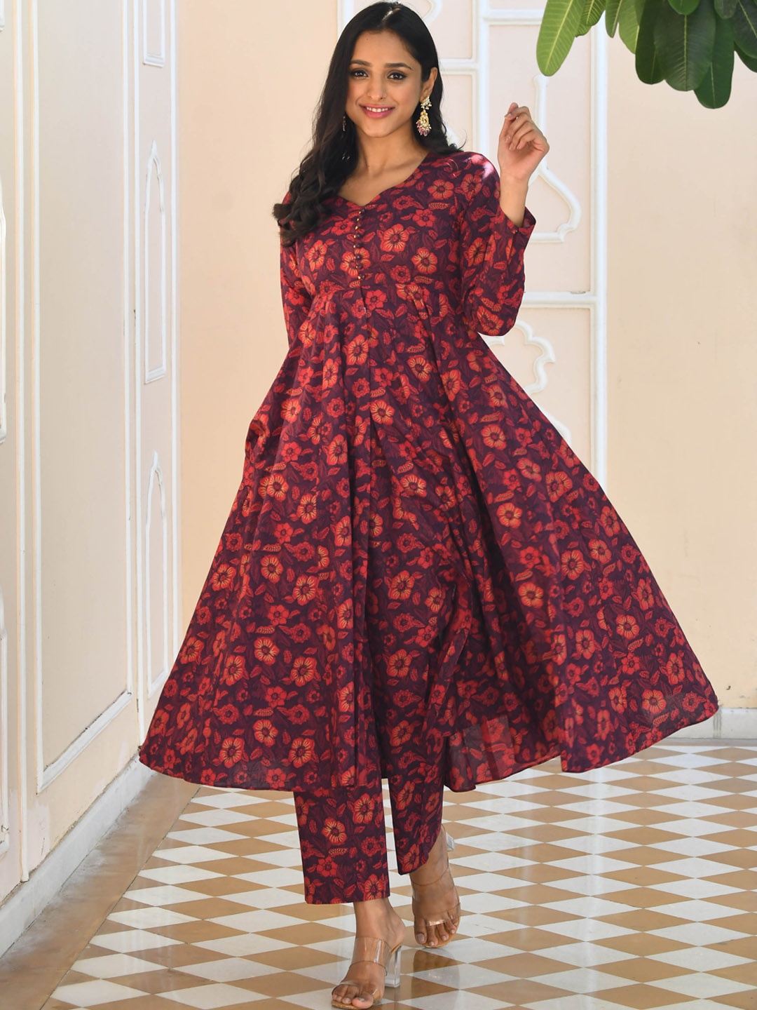 

Bunaai Floral Printed Anarkali Pure Cotton Kurta with Trousers, Maroon