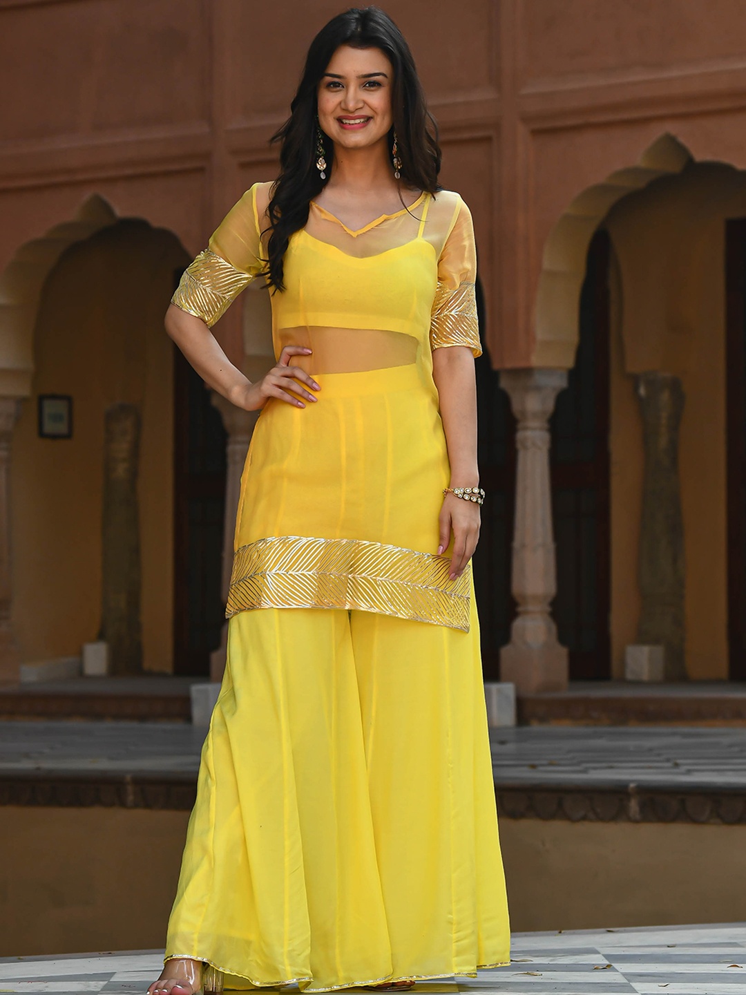 

Bunaai Gotta Patti Sheer Kurta with Palazzos & Slip, Yellow